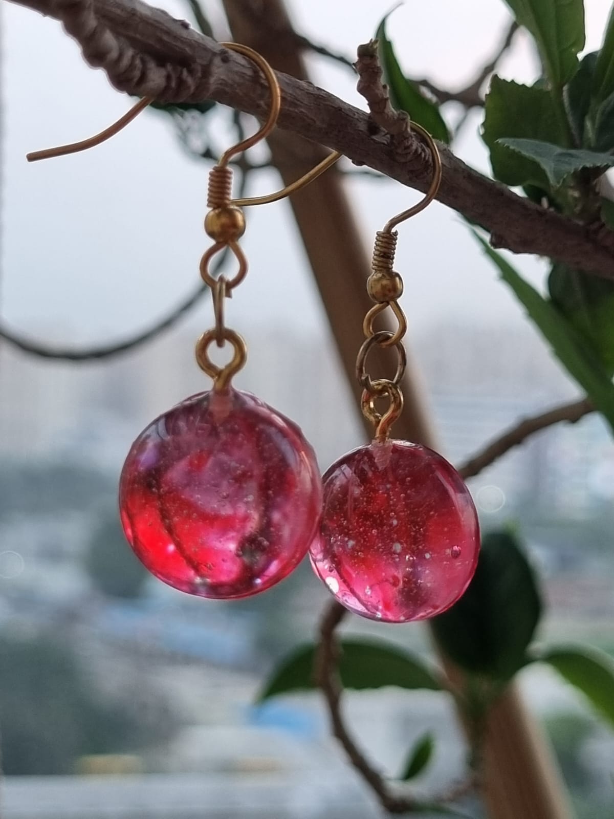Crimson Resin Floral Drop Earrings Handmade