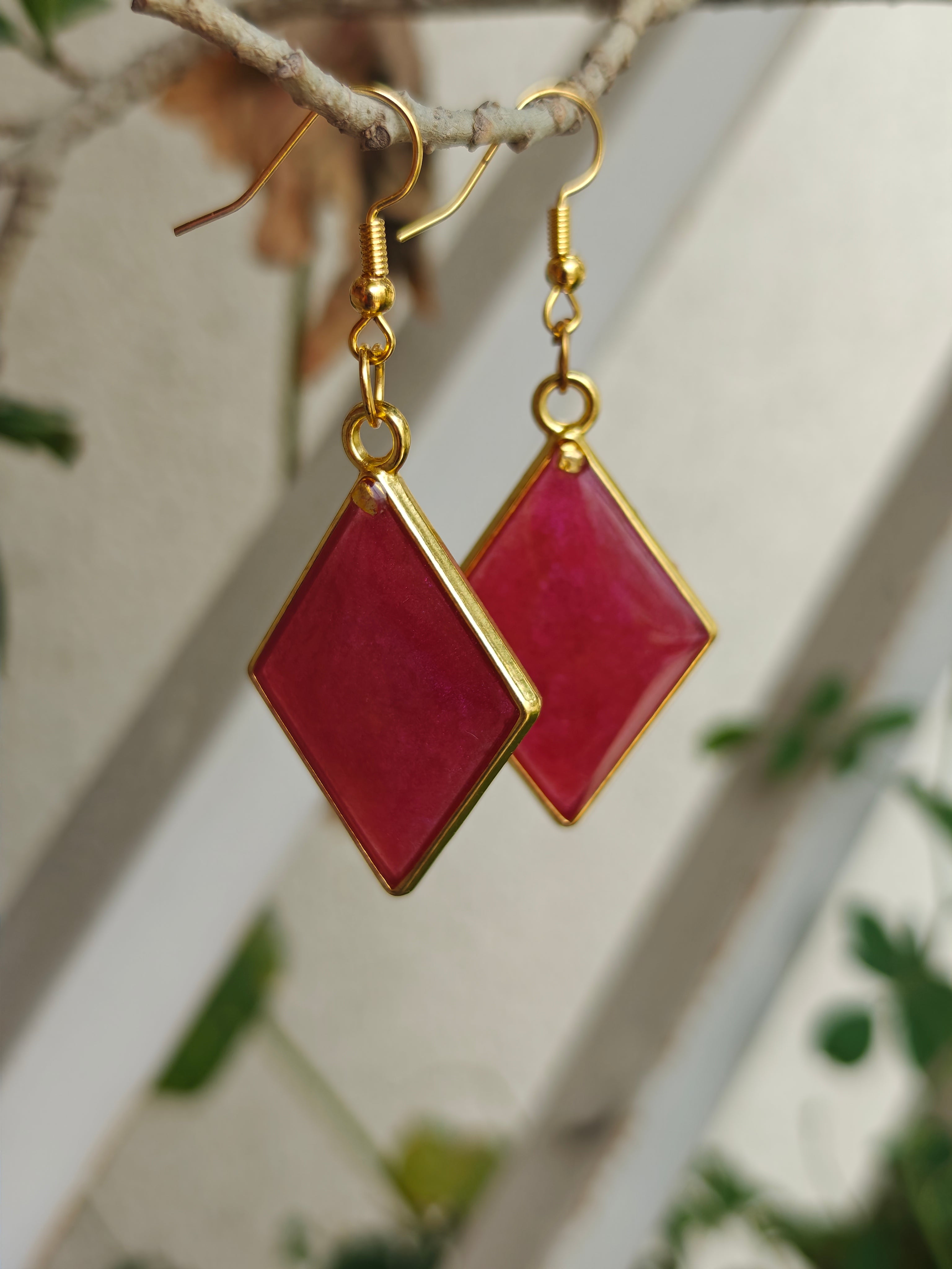 Pink Rhombus Resin Drop Earrings