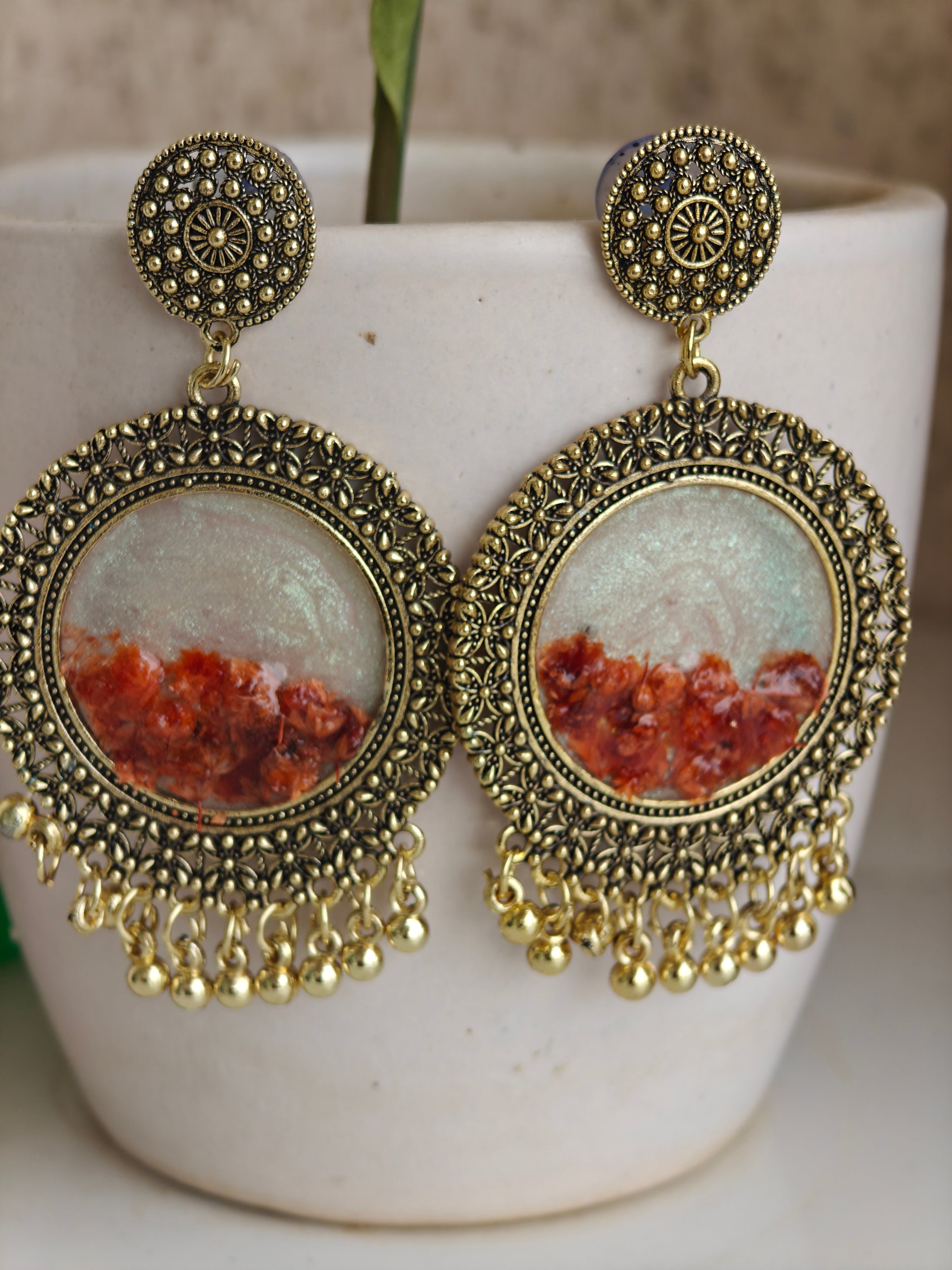 Orange Floral Oxidized Dangle Earrings | Resin