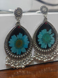 Blue Floral Oxidised Silver Earrings | Handmade