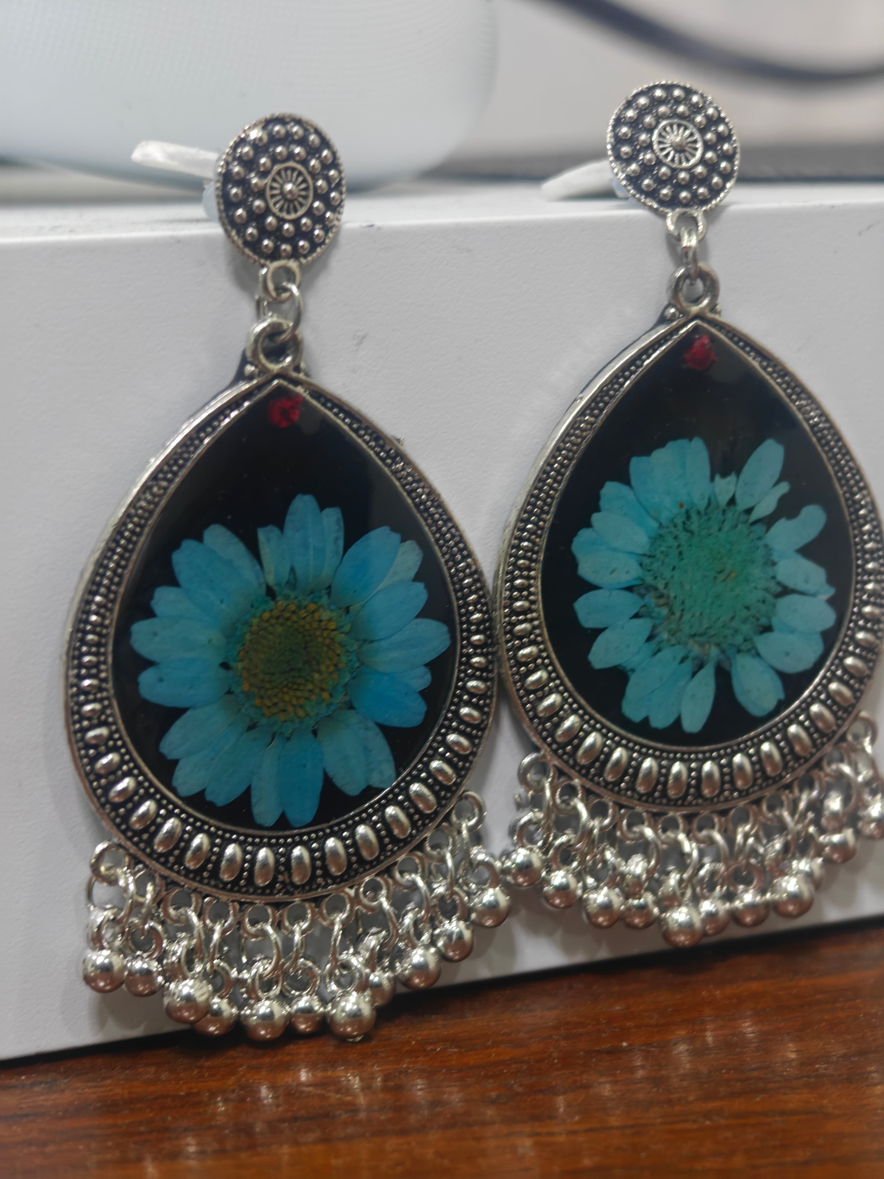 Blue Floral Oxidised Silver Earrings | Handmade