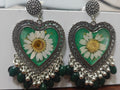 Green Heart Daisy Resin Earrings – Handmade Floral
