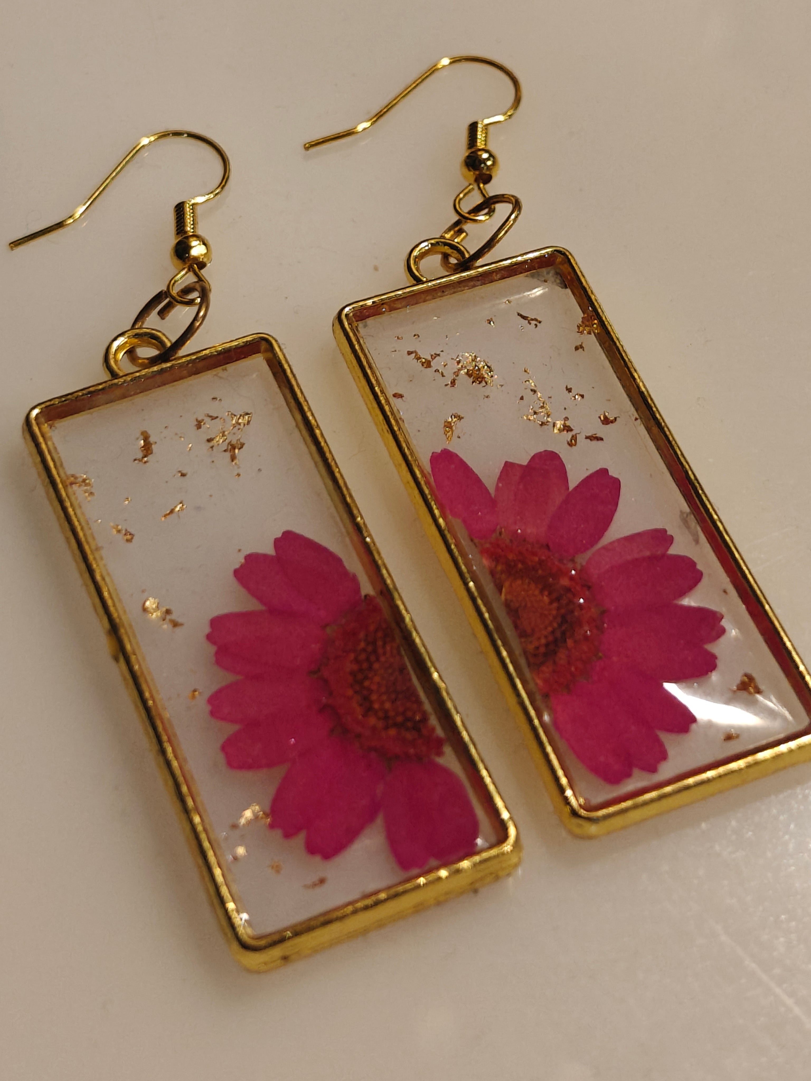 Pressed Flower Resin Earrings in Gold Frame