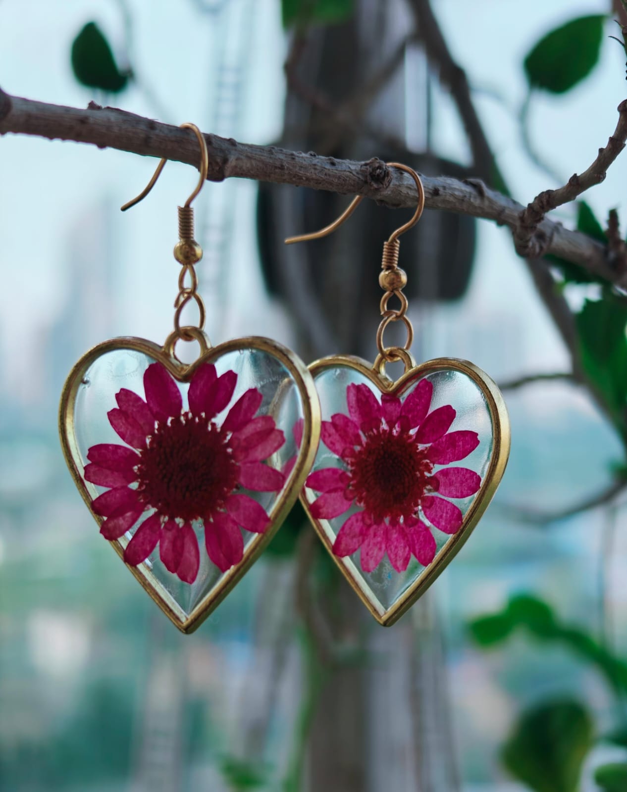 Heart-Shaped Resin Flower Earrings