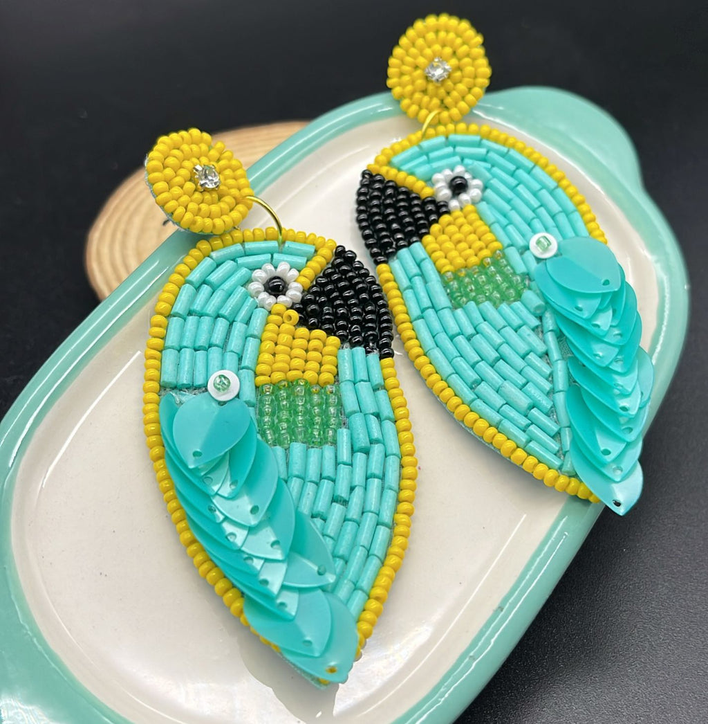 Handmade Beaded Parrot Earrings – Turquoise