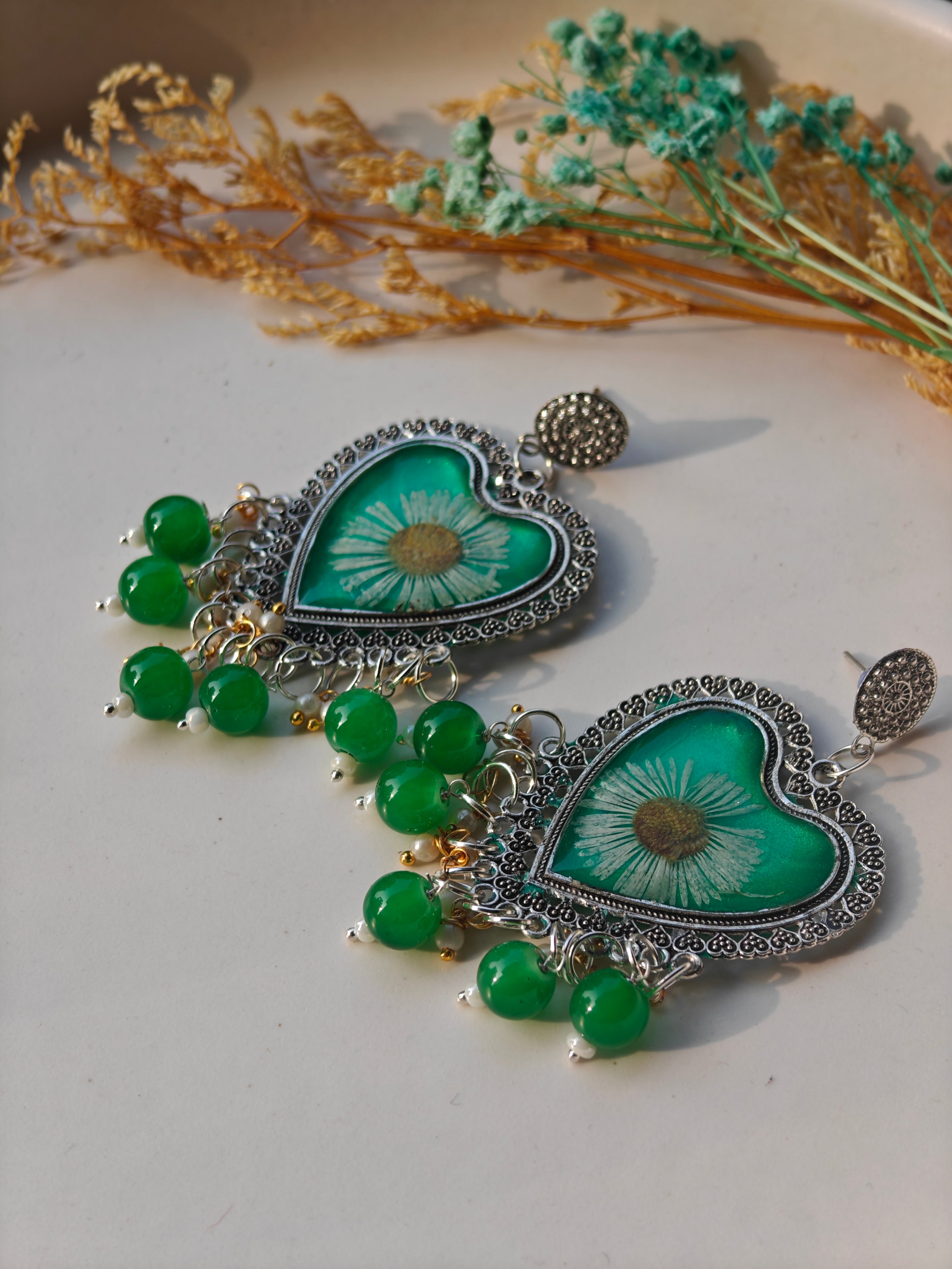 Green Daisy Heart Resin Earrings – Handmade Floral