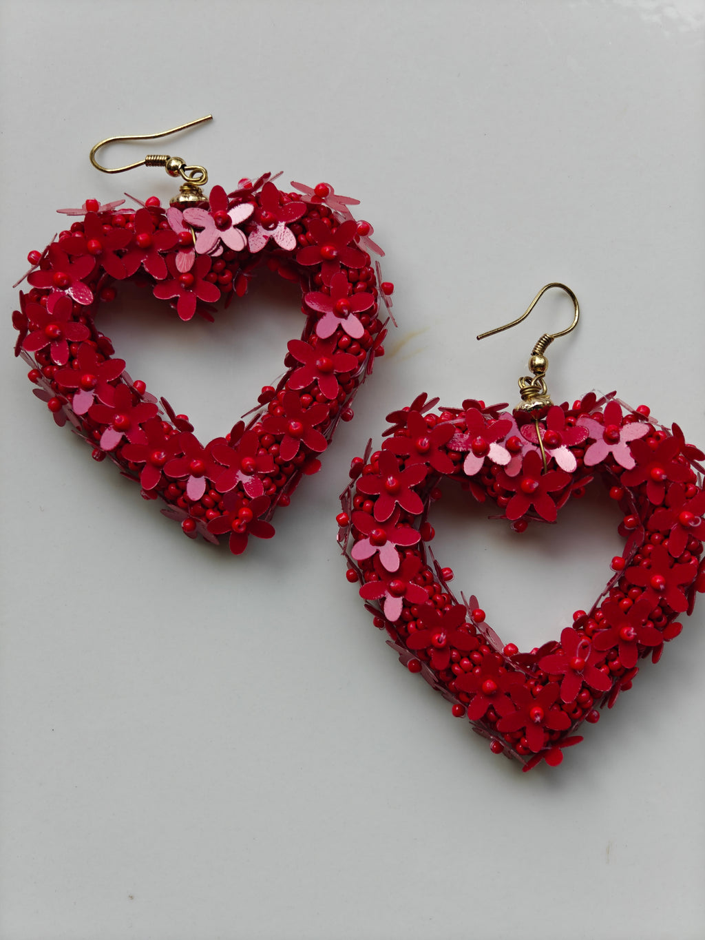 Red Floral Heart Resin Earrings – Handmade