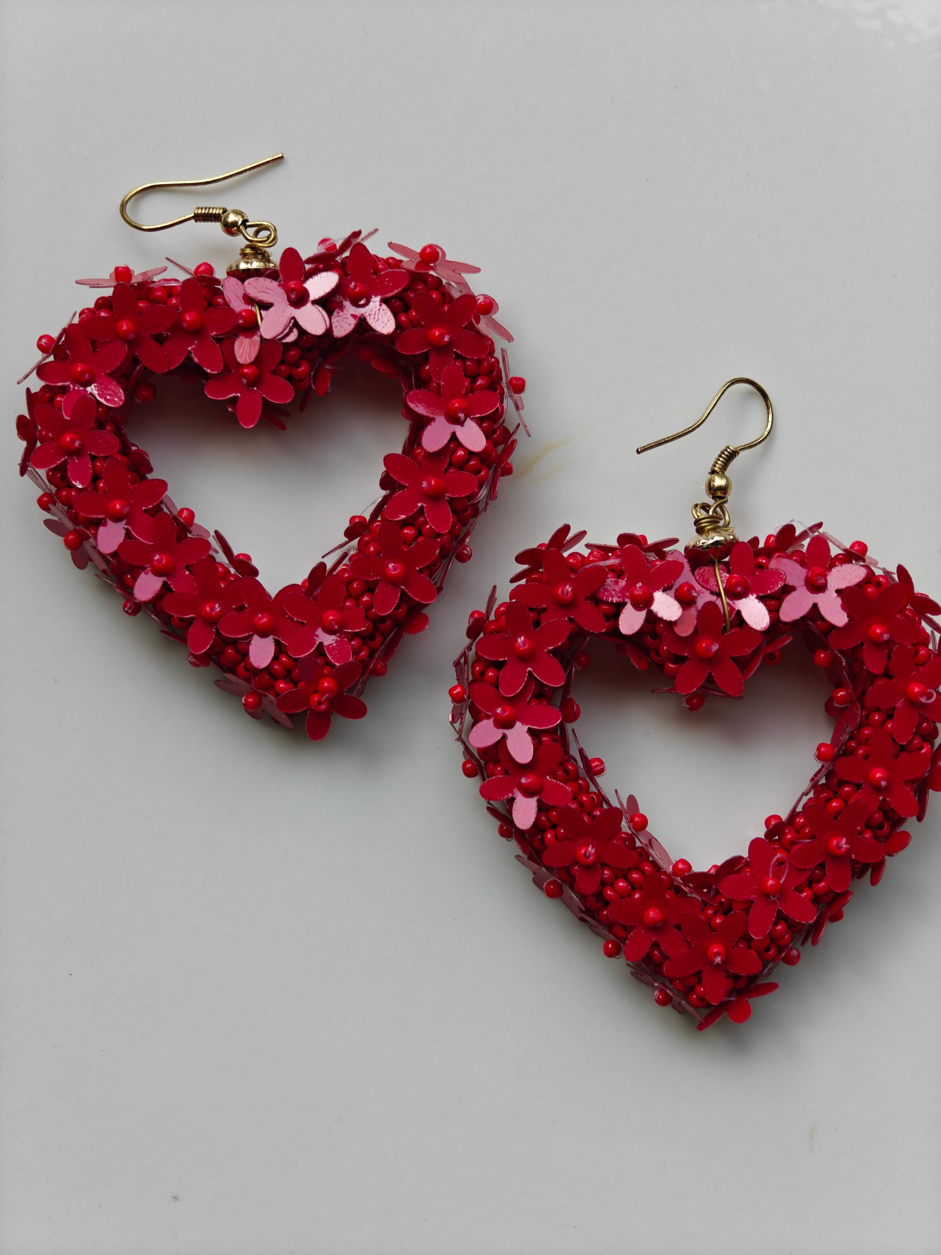 Red Floral Heart Resin Earrings – Handmade