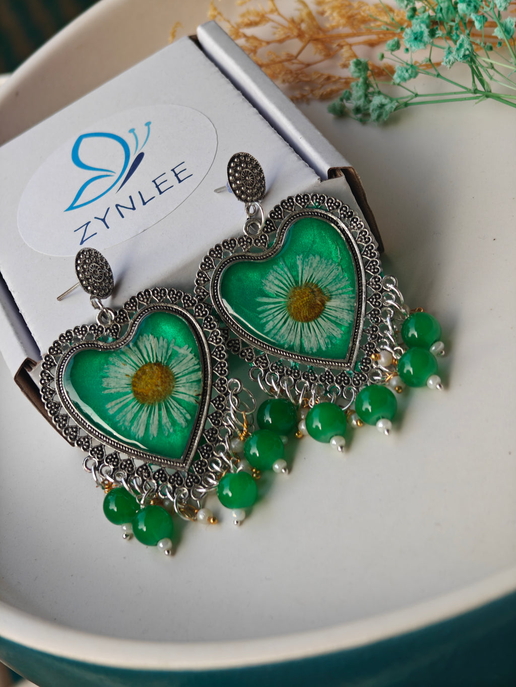 Green Daisy Heart Resin Earrings – Handmade Floral