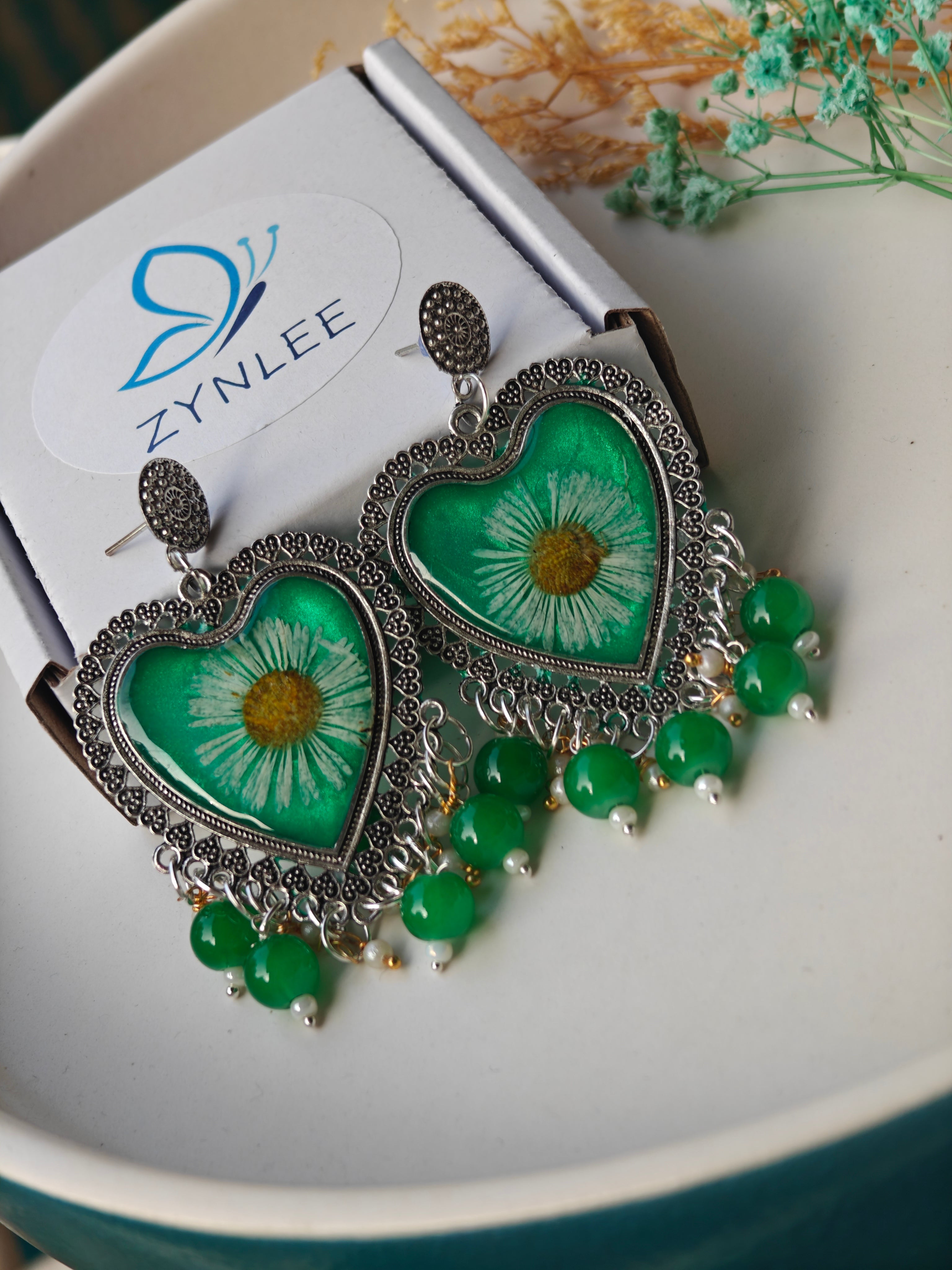 Green Daisy Heart Resin Earrings – Handmade Floral