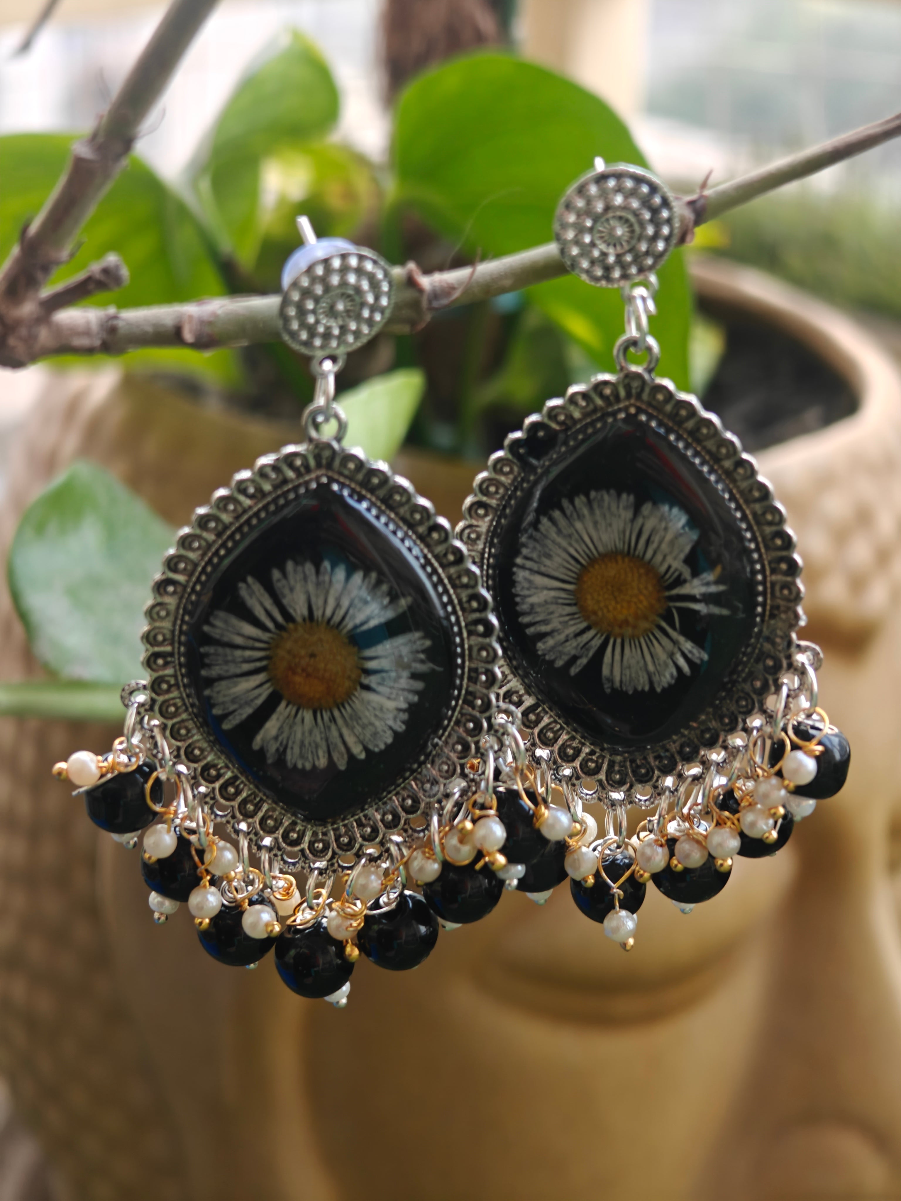 Real Flower Resin Earrings with Black Beads