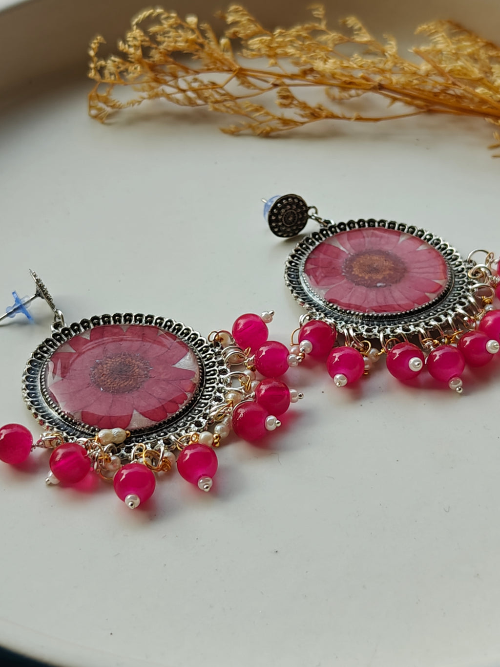 Pink Daisy Resin Jhumka Earrings with Beads