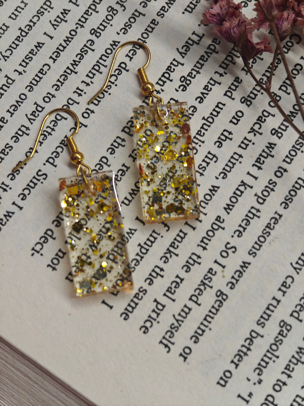 Gold Glitter Resin Earrings – Handmade Dangle Jewelry