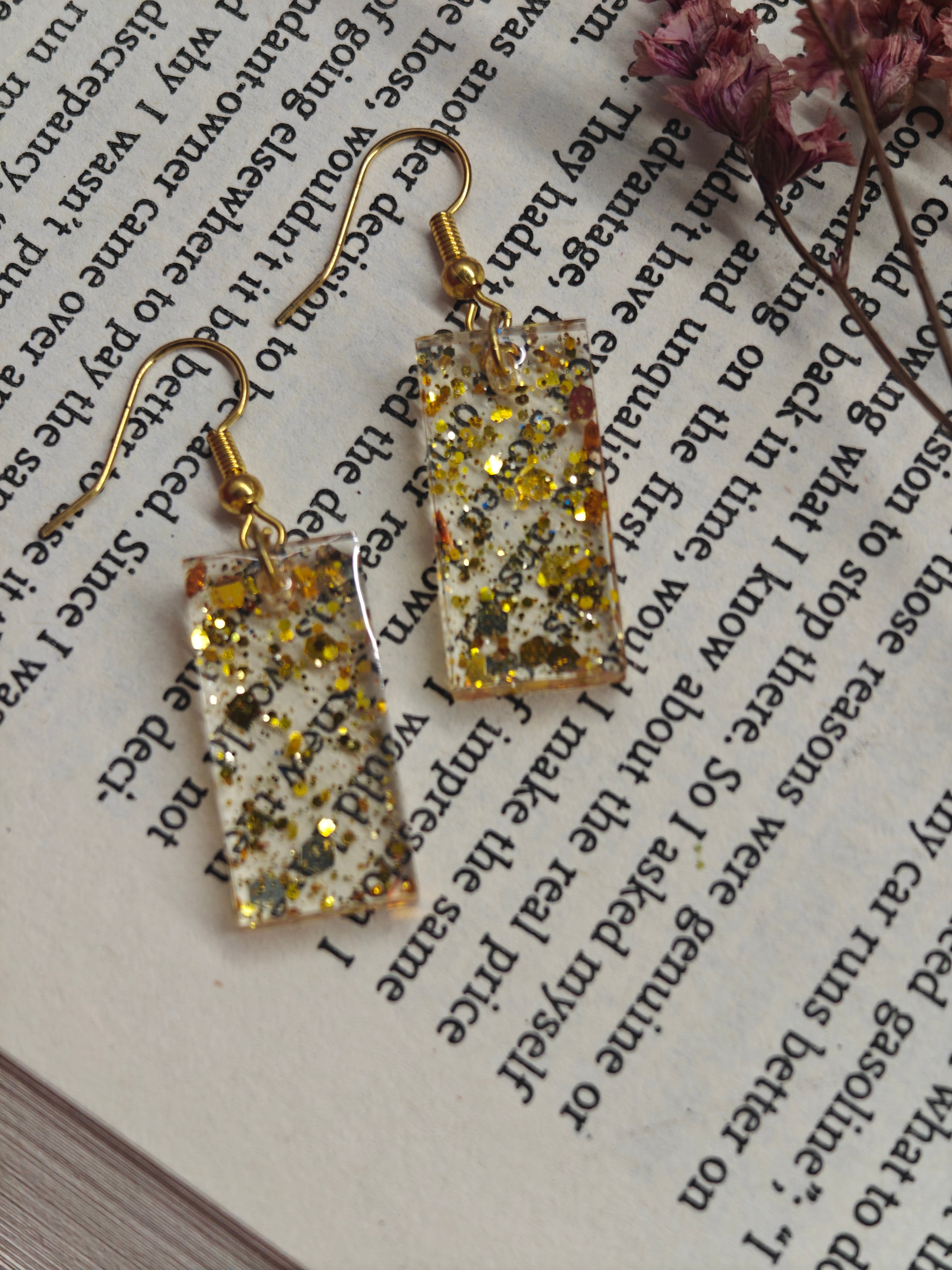 Gold Glitter Resin Earrings – Handmade Dangle Jewelry