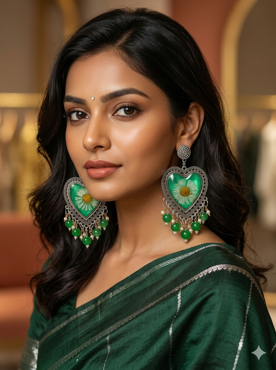 Green Daisy Heart Resin Earrings – Handmade Floral