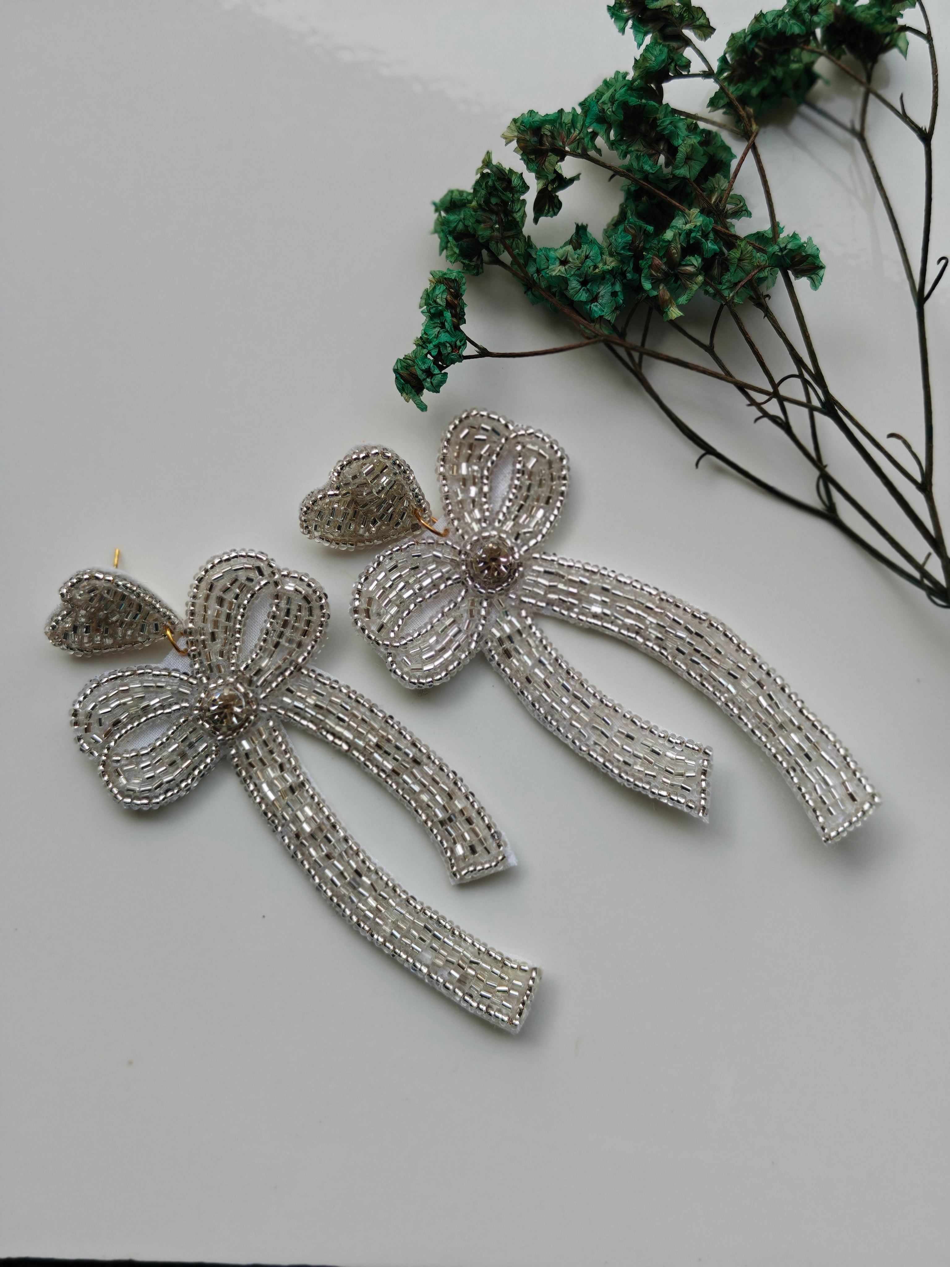 Handmade Silver Beaded Bow Drop Earrings