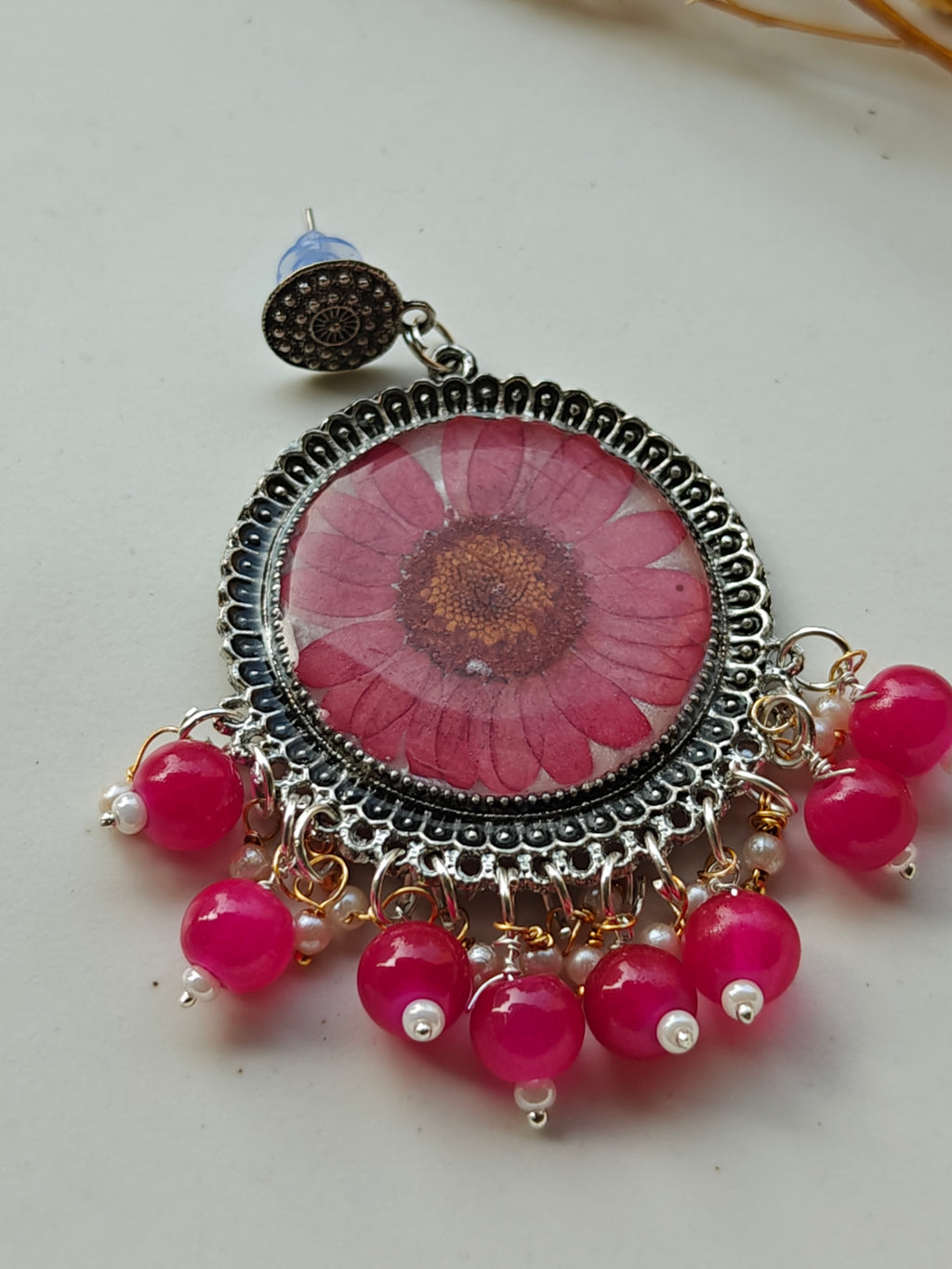 Pink Daisy Resin Jhumka Earrings with Beads