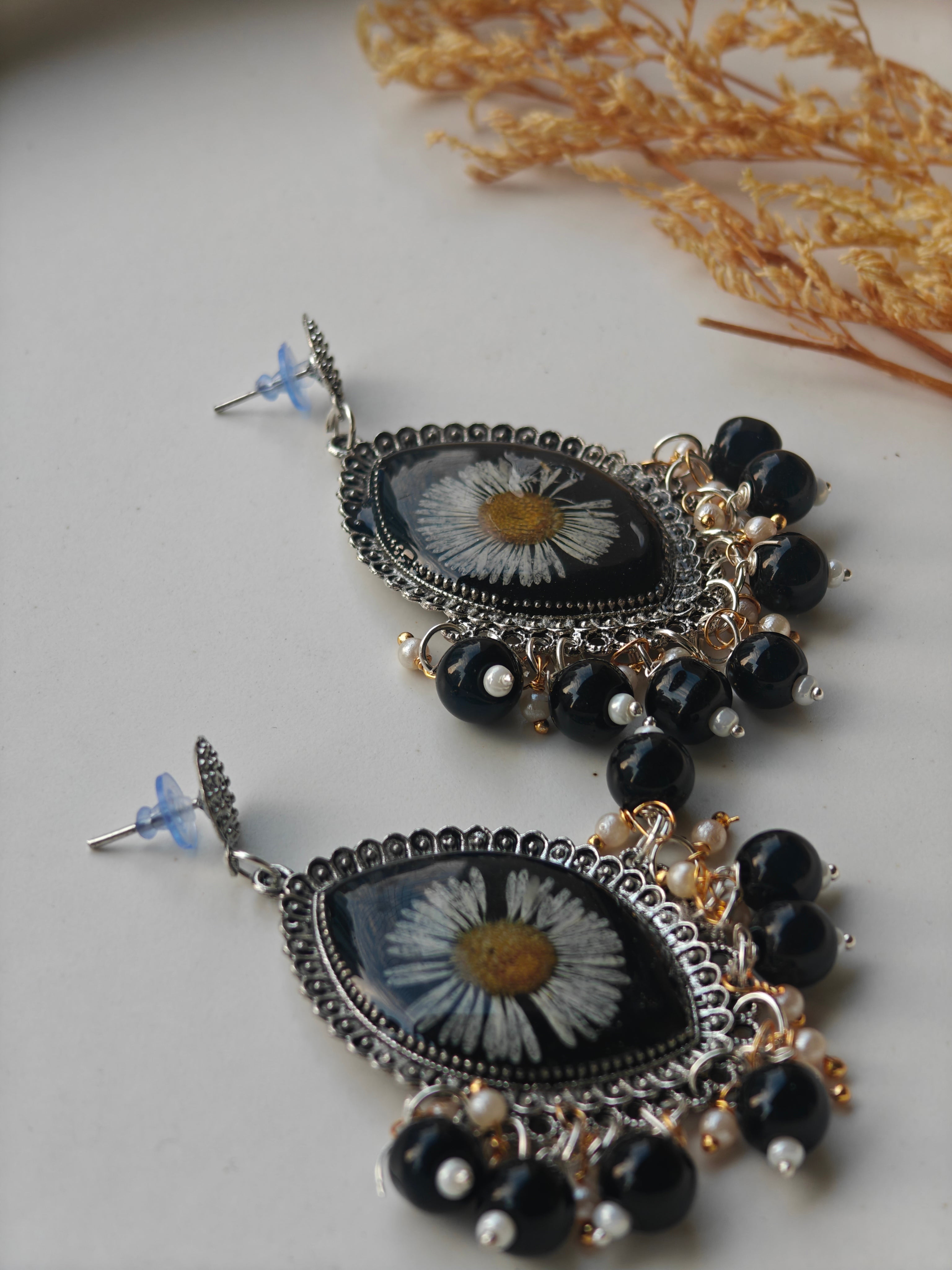 Real Flower Resin Earrings with Black Beads