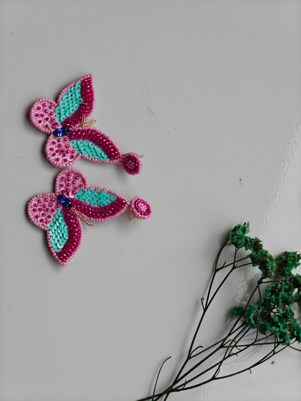 Handmade Beaded Butterfly Earrings – Pink & Teal