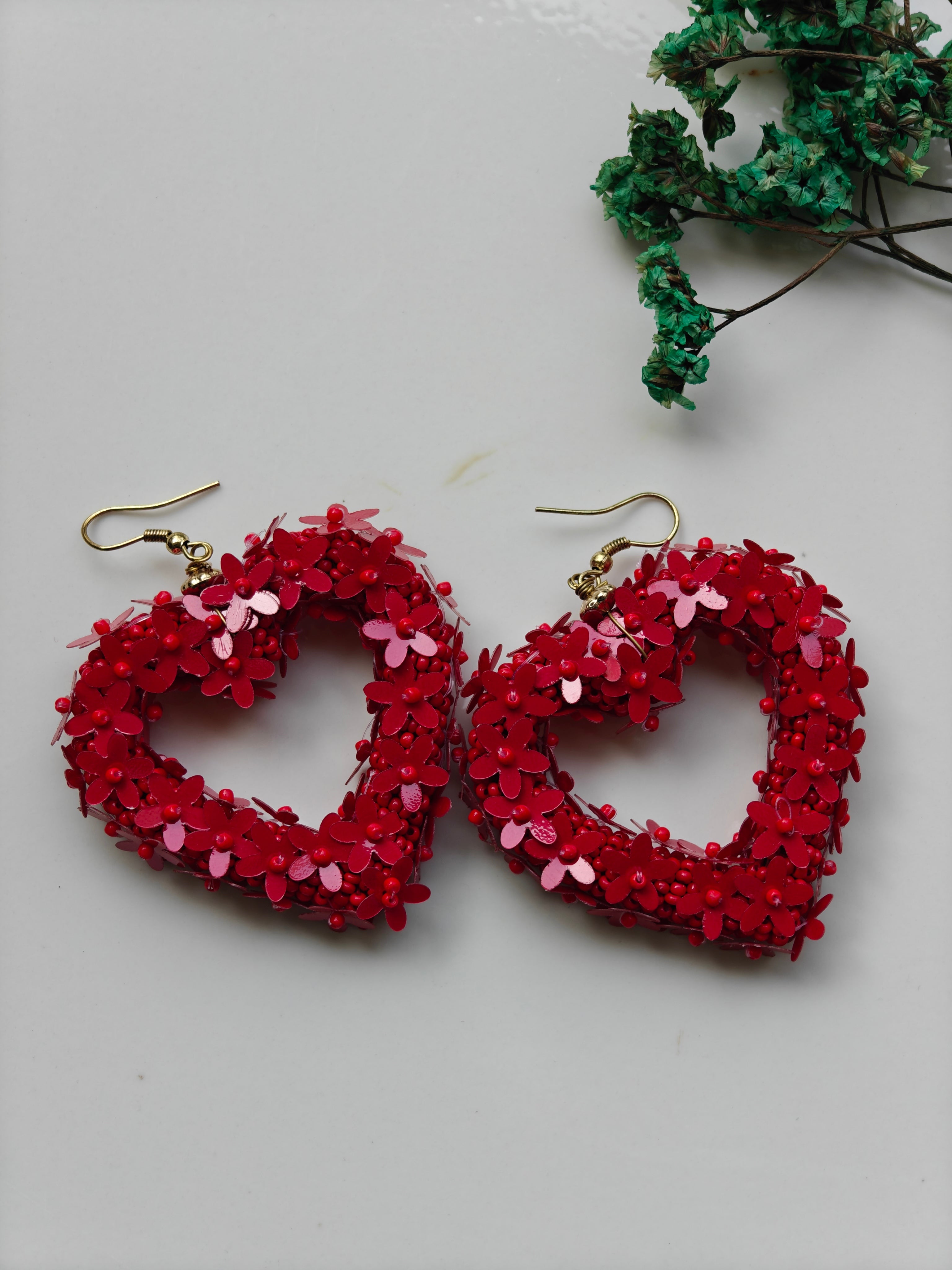 Red Floral Heart Resin Earrings – Handmade