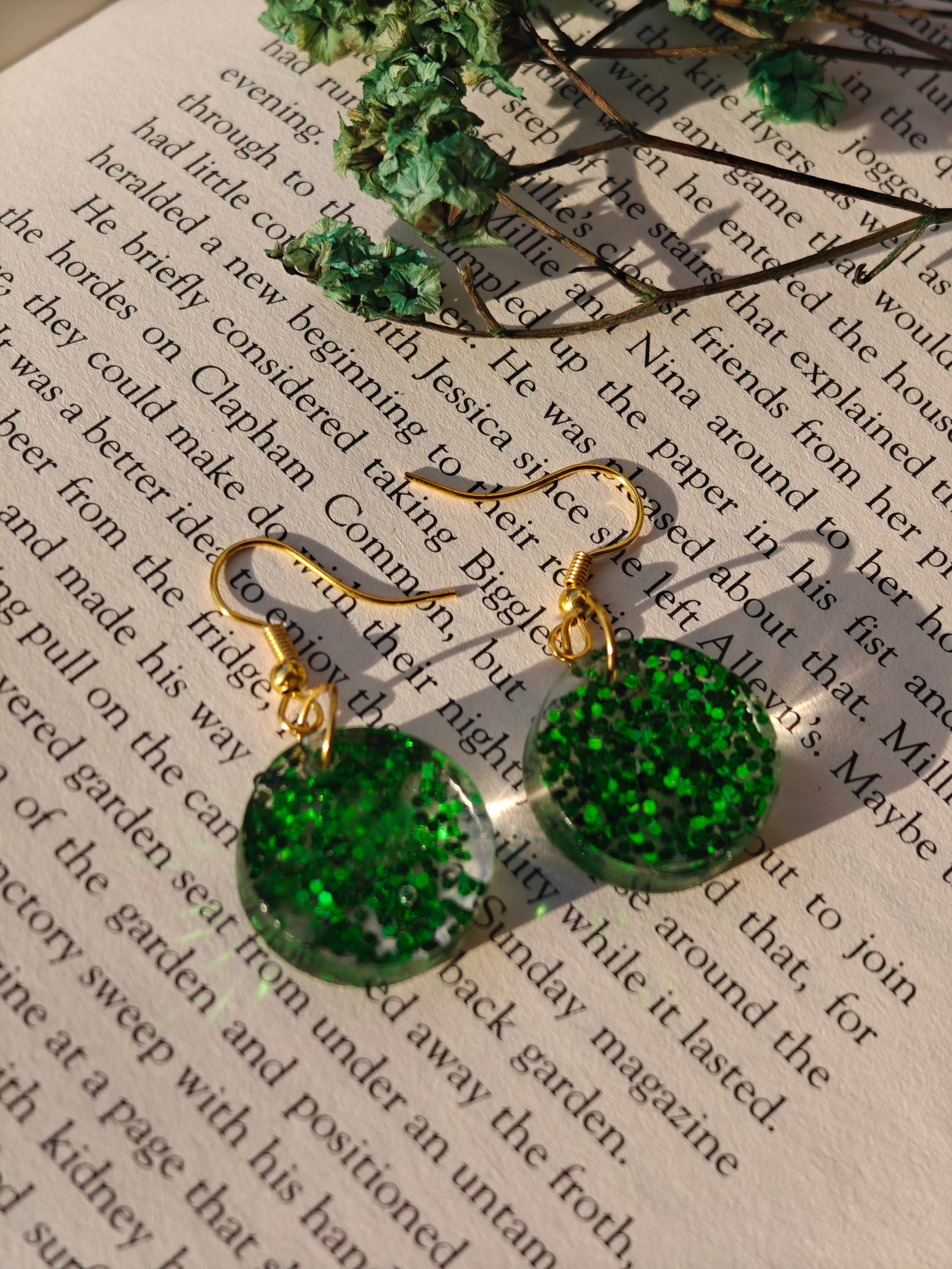 Green Glitter Resin Earrings – Handmade Sparkle