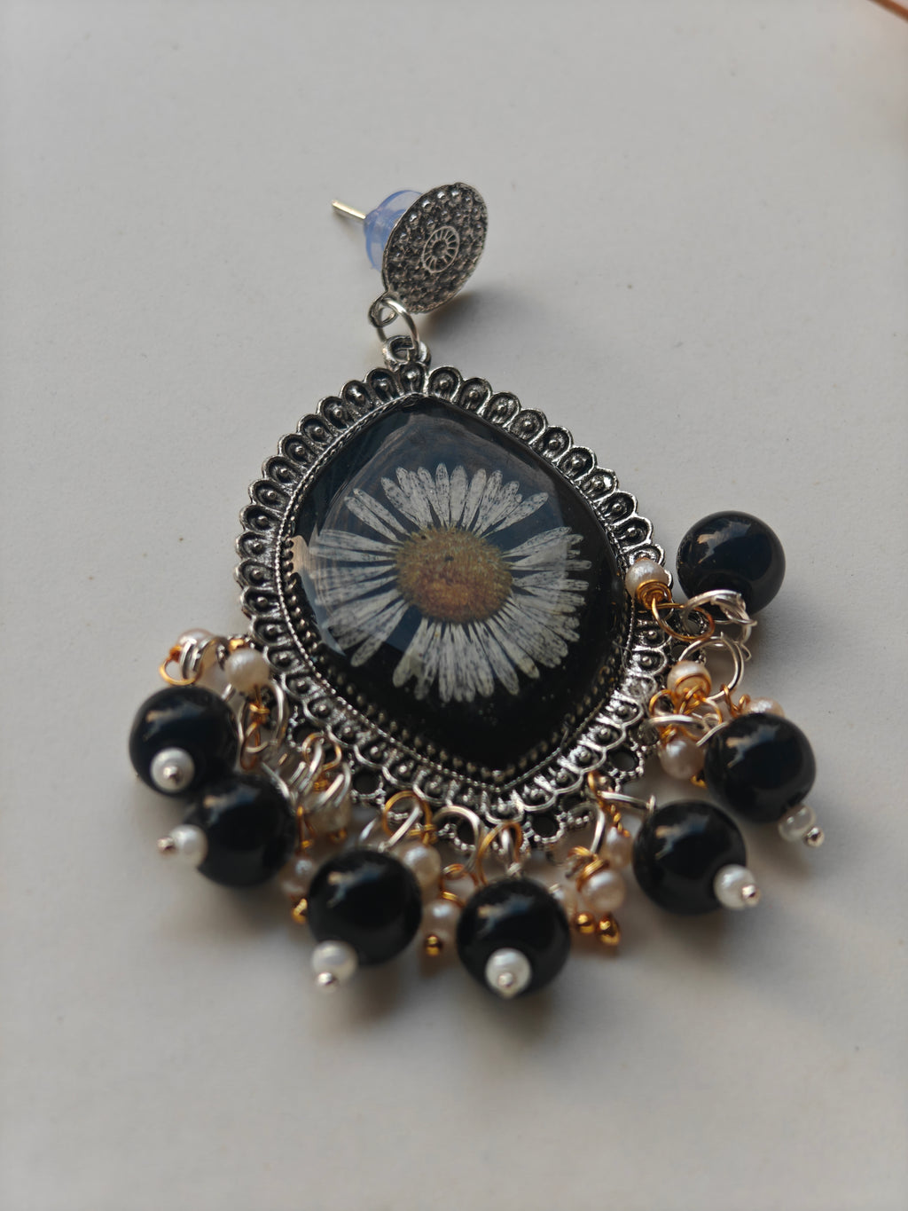 Real Flower Resin Earrings with Black Beads