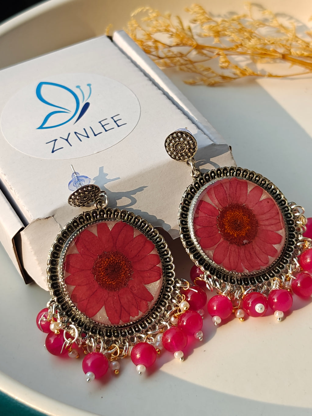 Pink Daisy Resin Jhumka Earrings with Beads