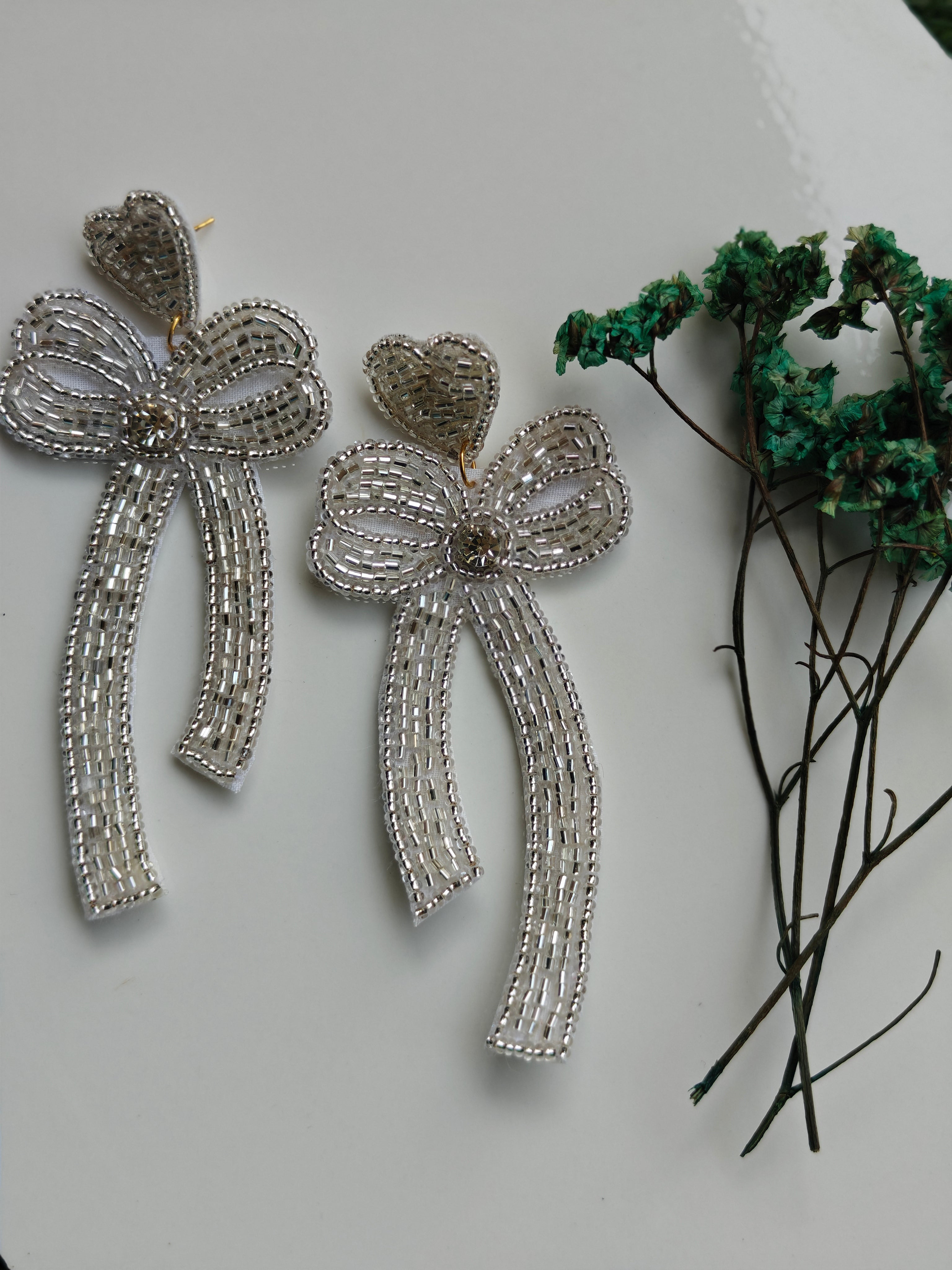 Handmade Silver Beaded Bow Drop Earrings