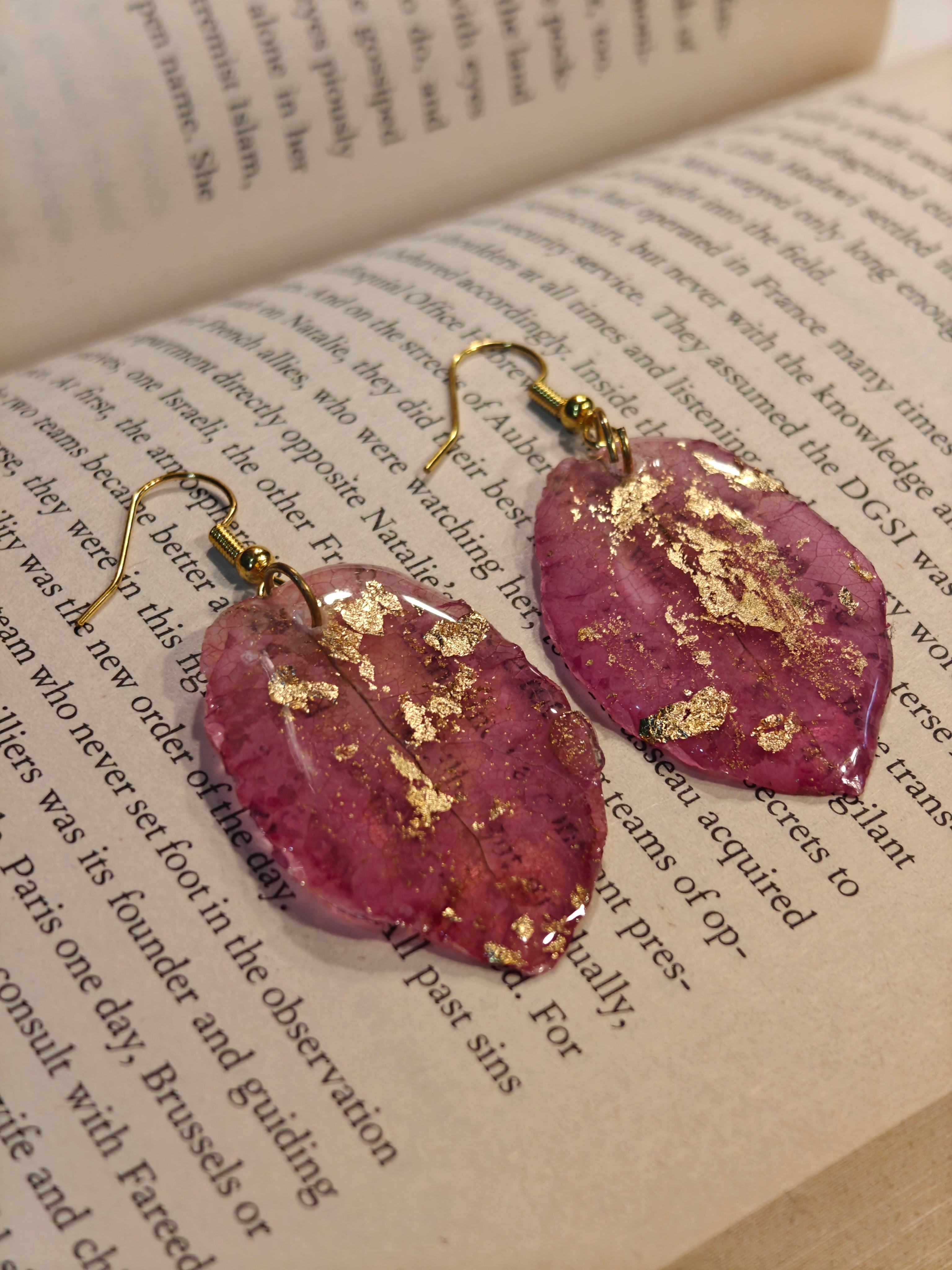 Bougainvillea Petal Resin Earrings with Gold Leaf
